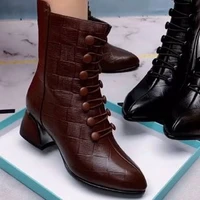 short boots ladies 2022autumn and winter new high heels square heels mid heel pointed button female small feet black brown boots