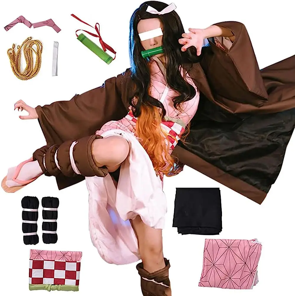 

Kamado Nezuko Cosplay Costume Anime Demon Slayers Kimono Kimetsu No Yaiba Children Costume Cos Wig Uniform Hallween Women Kids