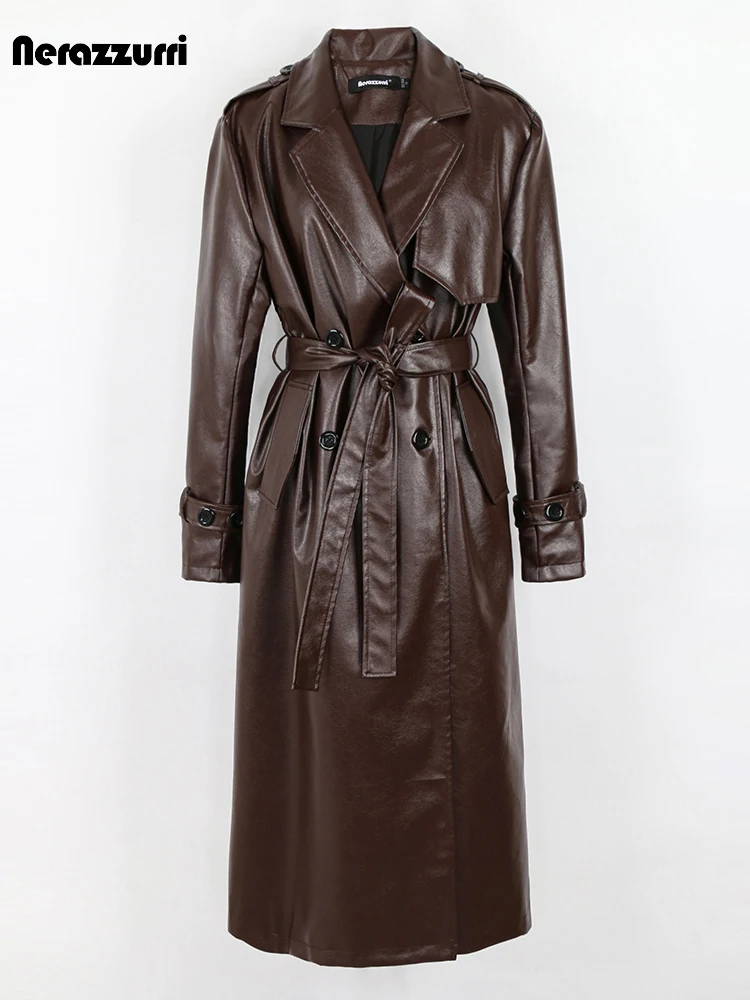 Nerazzurri Autumn Long Loose Brown Black Silver Pu Leather Trench Coat for Women Sashes Luxury Designer European Fashion 2022