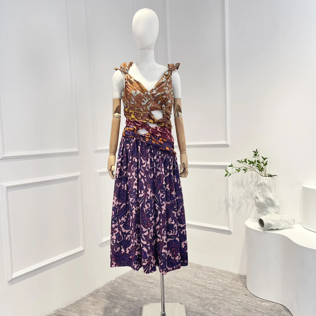 

2023 Spring Top Quality Floral Printing Asymmetrical Folds Bows Midi Dresses Women