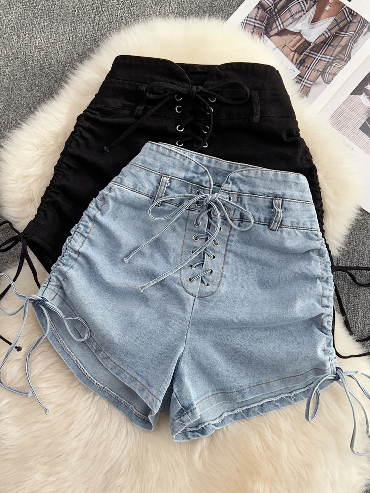 

YuooMuoo Ins Fashion Bandage Women Shorts 2022 New Summer Slim High Waist Denim Jeans Shorts Feminino Chic Hot Ladies Bottoms