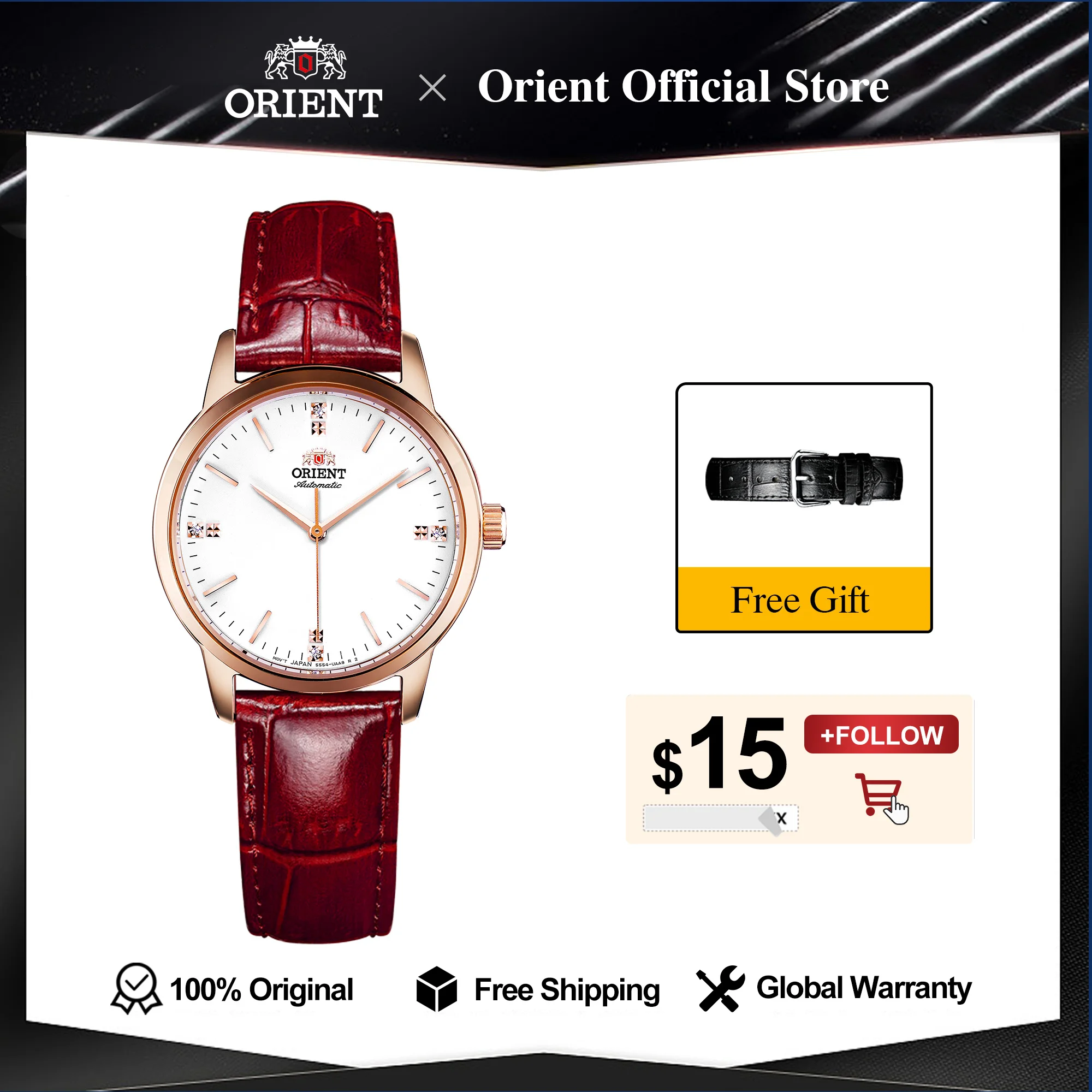 Original Orient Mechanical Watch for Women, Lady Rose Gold See-through Case Back Crystal-Encrusted Markers Red Leather Strap