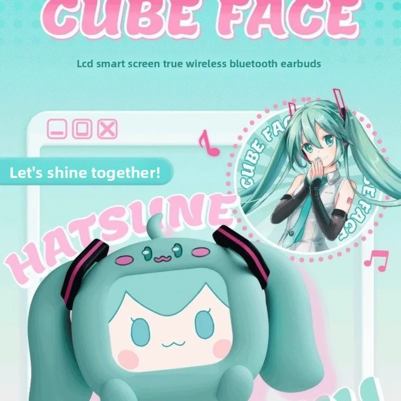 Фото Kawaii Hatsune Miku мультяшные беспроводные Bluetooth-наушники с небольшим сенсорным экраном, мягкий чехол в комплекте, супер милые аксессуары, милый подарок №1