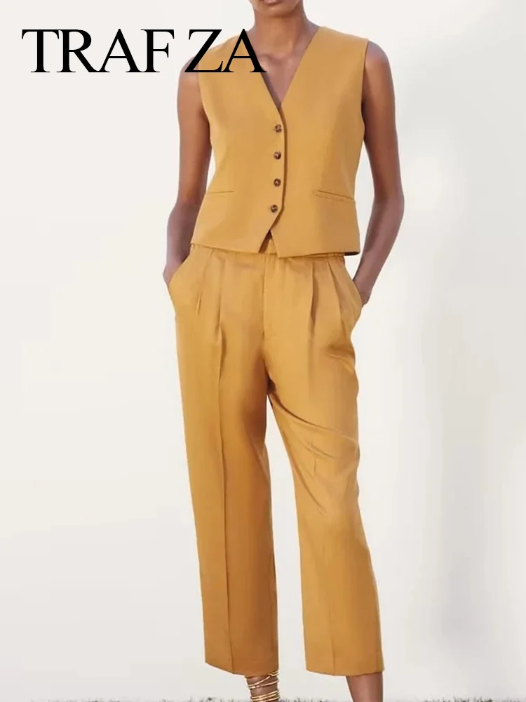 

TRAF ZA Women's Set Solid Blazer Jacket Sleeveless Vest V-neck Single-breasted + Ginger Yellow Casual Straight Nine-point Pants
