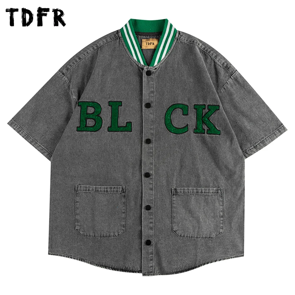 

Letter Embroidery Denim Short Sleeve Shirts Mens Summer Baseball Casual Loose Half-Sleeve Curved Hem Shirt Men