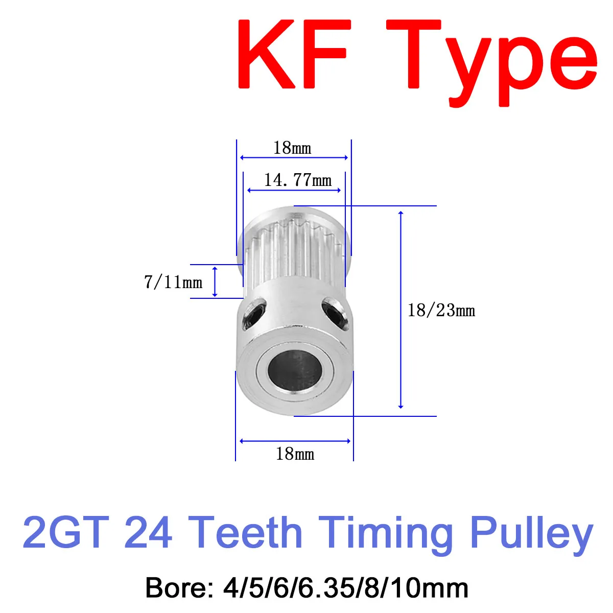 

1Pc 24 Teeth 2GT GT2 KF Type Synchronous Wheel Idler Pulley Bore 4/5/6/6.35/8/10mm Aluminium Timing Pulley Width 7mm 11mm