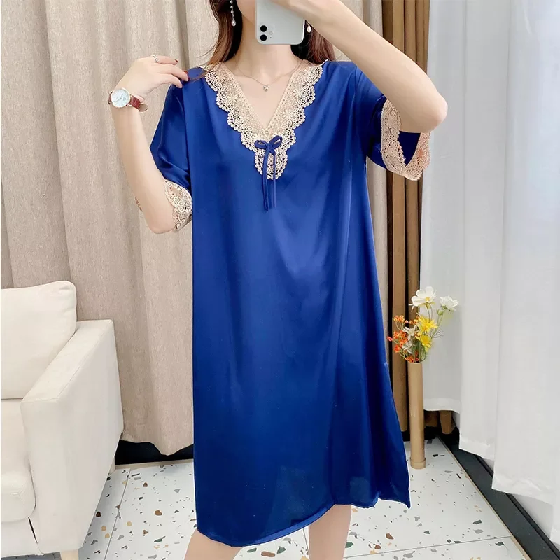 

Женская кружевная ночная сорочка, однотонная Летняя шелковая ночная рубашка до колена, с коротким рукавом, свободная сорочка с V-образным вы...