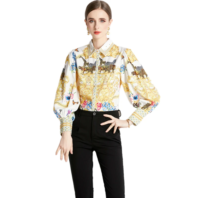 

2023 Spring&Autumn Woman Fashion Vintage Printed Bubble Long-Sleeved POLO Collar Shirt Blouse