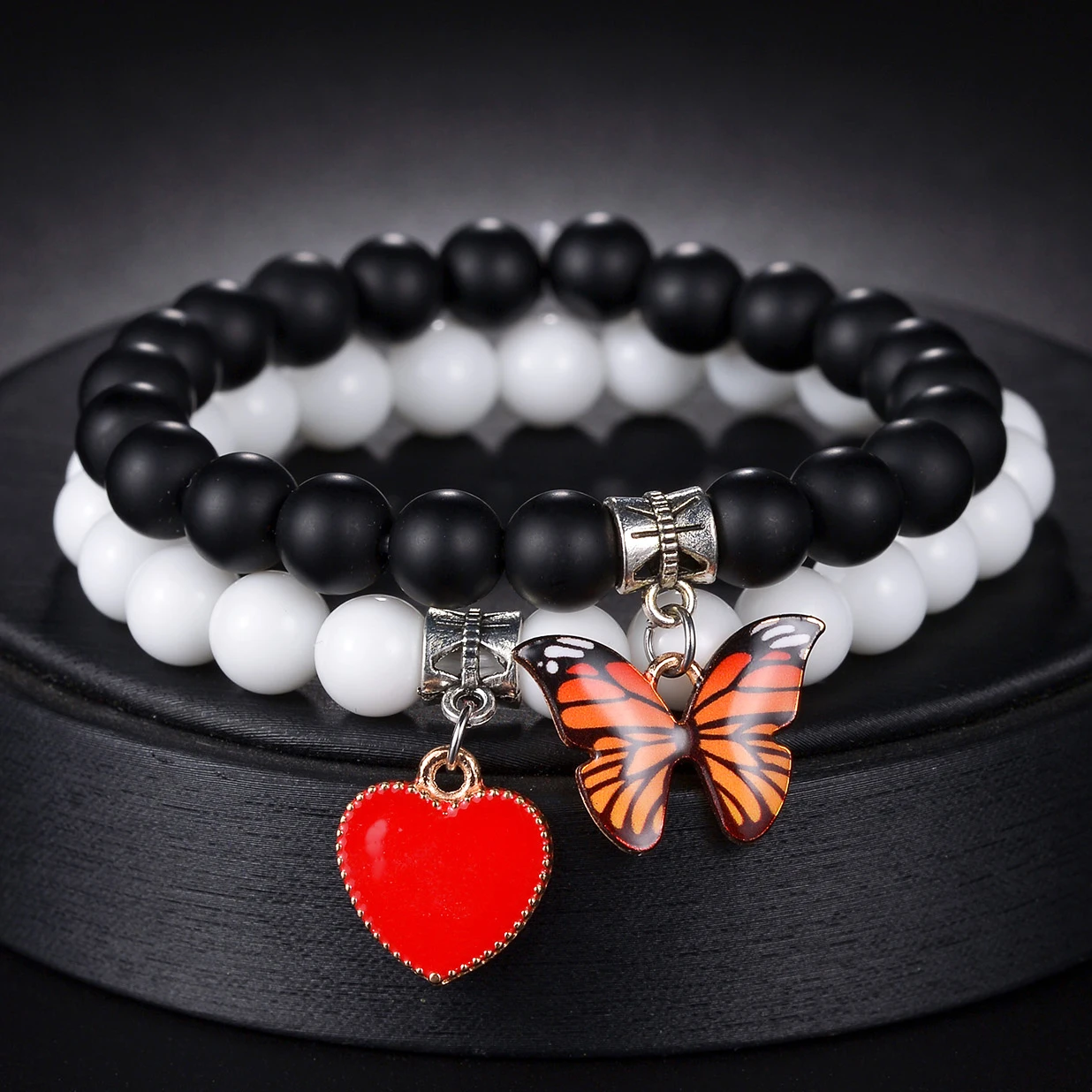 

MeMolissa 2pcs/Set Cute Butterfly Beaded Bracelets Lava Stone Red Heart Bracelets for Men Women Friends Gift Charm Jewelry