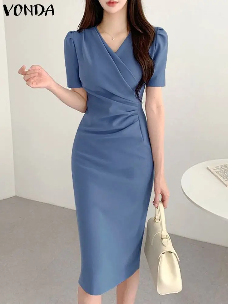 

Women Dress 2023 Summer Fashion Mid-Calf Sundress Elegant Solid Color Office Style Dress VONDA Sexy Round Neck Robe Femme