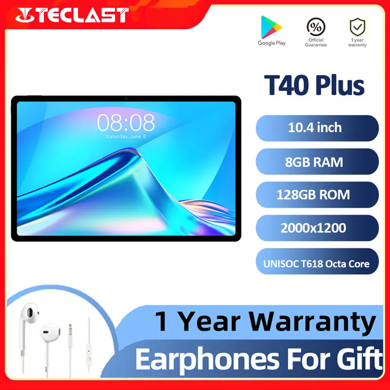 

Teclast T40 Plus 10.4" 2000x1200 Tablets 8GB RAM 128GB ROM Android 11 UNISOC T618 Octa Core WIFI 4G Call Type-C IPS Dual Cameras