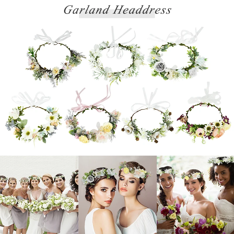 7 Designs Bohemian Flower Crown Floral Garland Artificial Flowers Wedding Wreaths Flower Headband Ribbon Girl Hair Accessories
