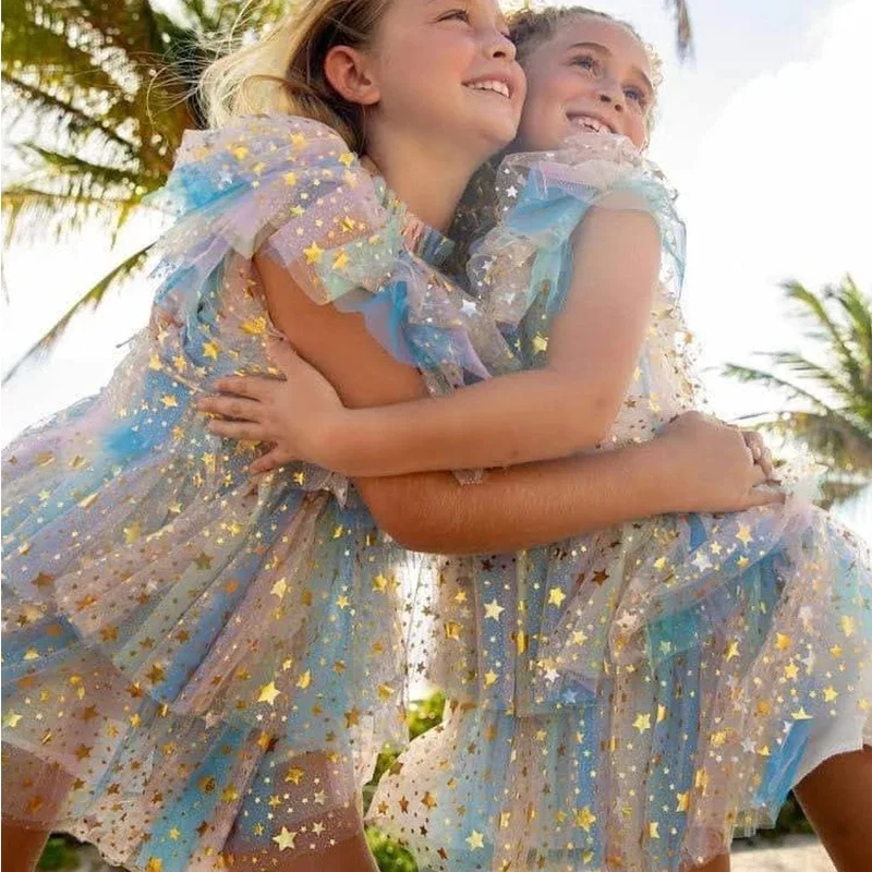 Платья для маленьких девочек повседневное Сетчатое Радужное платье с блестками