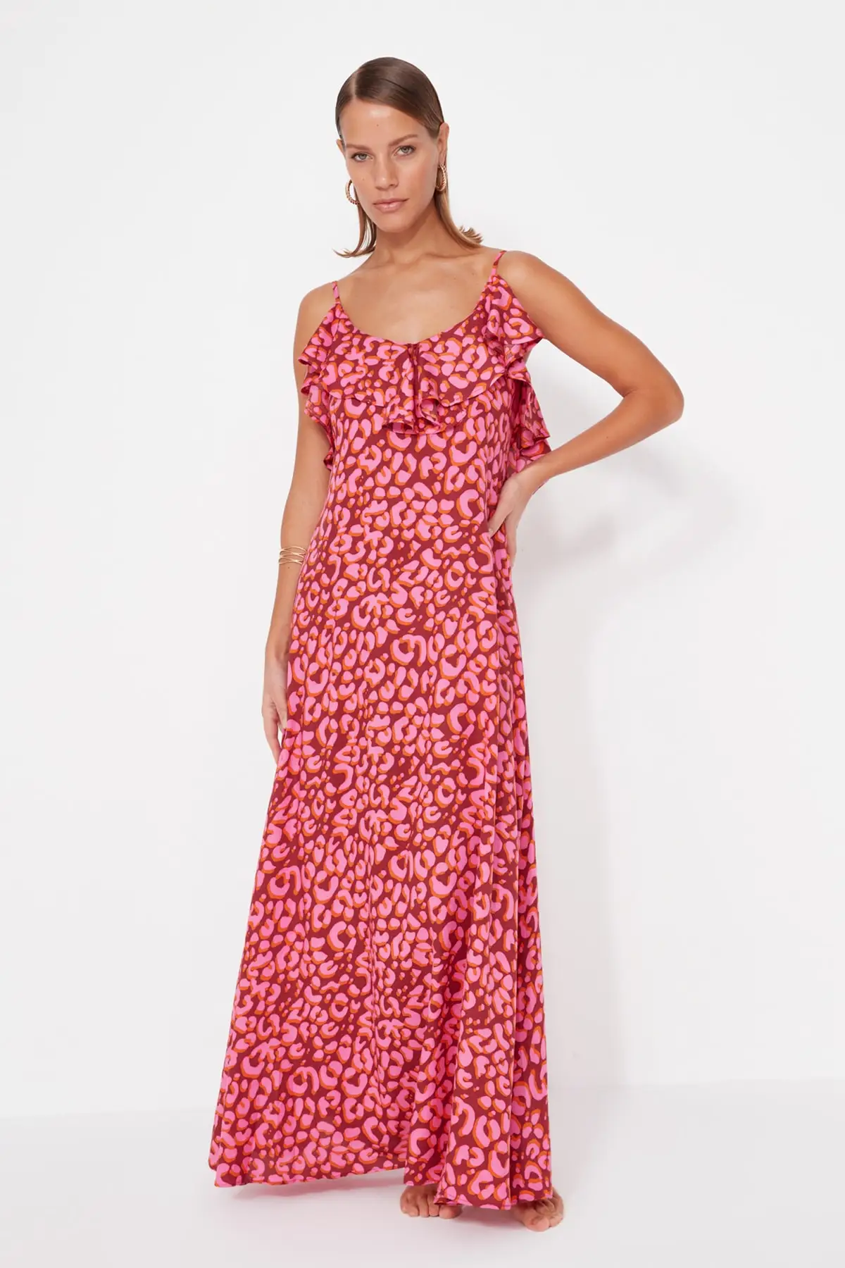 

Pink Animal Patterned Flywheel Detailed Beach Dress TBESS19WY0004 Weave Relaxed Strap Young Standard Sleeve Straight V Neck Maxi