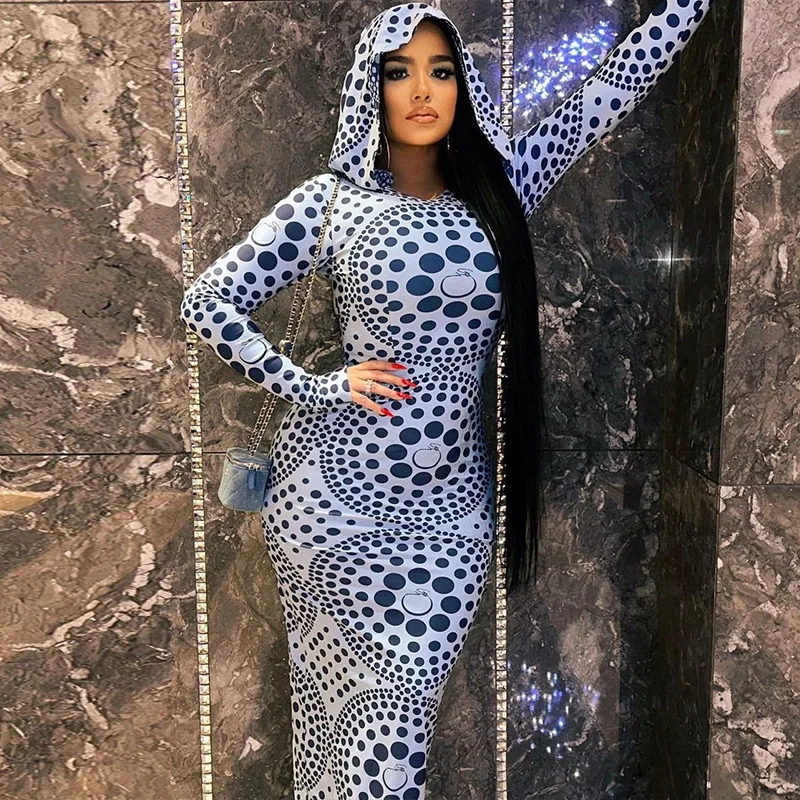

Fashion Women Polka Dot Print Hooded Long Sleeve Hip Slim Dress Female Clothing Outfits for Women Street Trend Sexy and Elegant