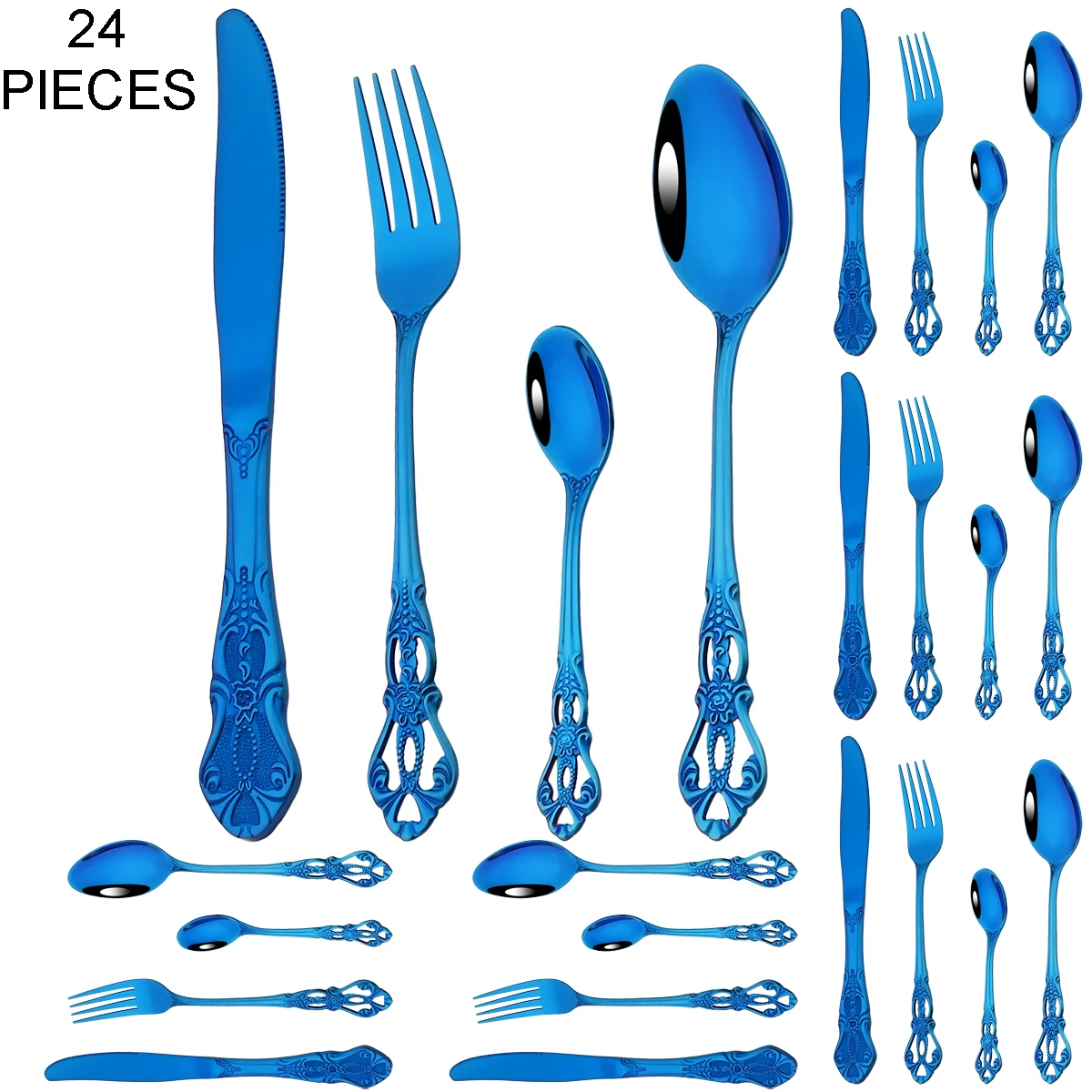 24Pcs Vintage Blue Dinnerware Cutlery Set Knife Fork Coffee Spoon Tableware Set Stainless Steel Flatware Home Kitchen Silverware
