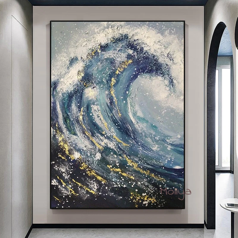 

Нож ручной работы, морской пейзаж, картина маслом, волнистый синий океан, 3D текстура, настенное искусство, современный холст, гостиная, домаш...