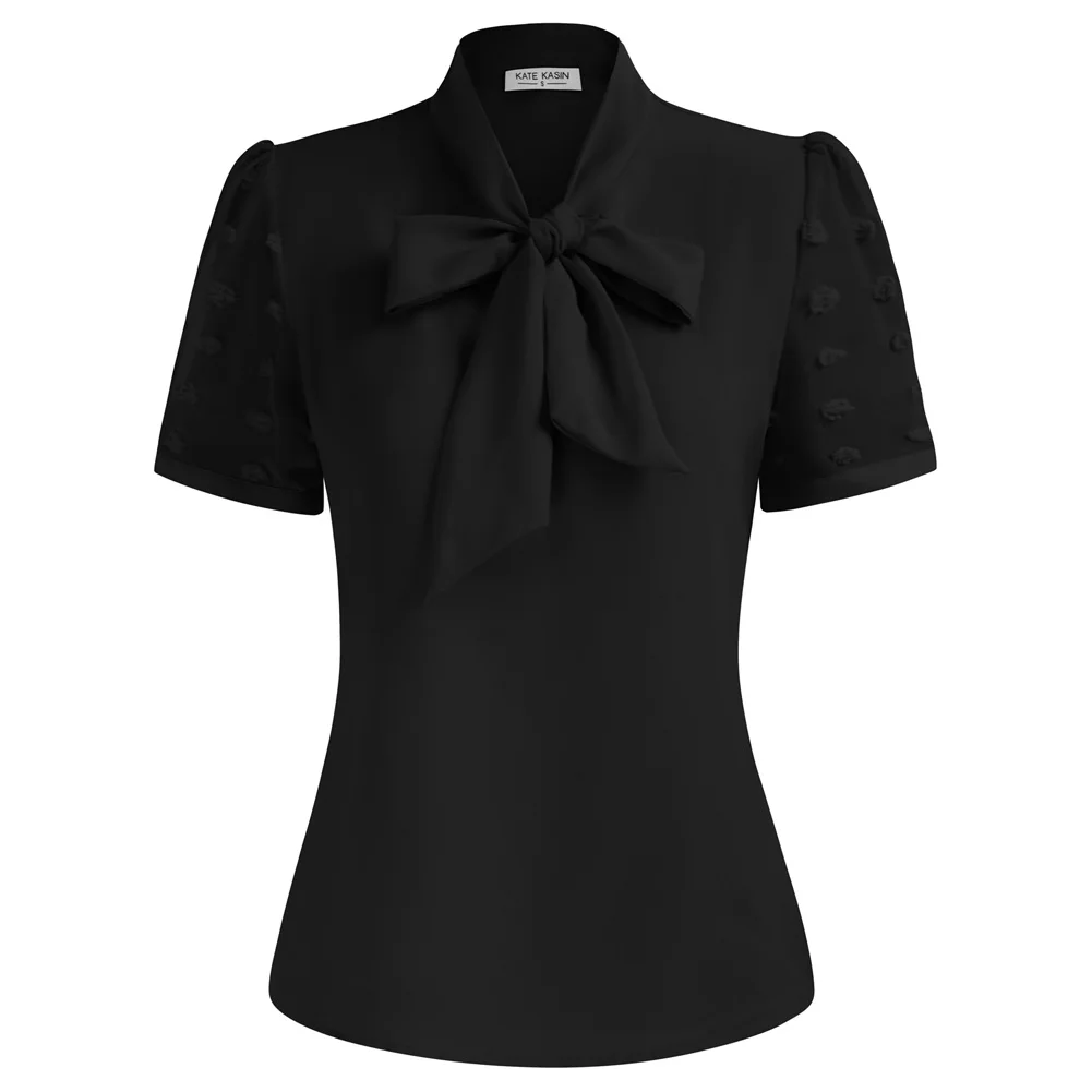 

KK Women Bow-Knot Decorated Shirt Loose Fit Short Sleeve Pullover Elegant Vintage Tops Office Lady Working Blouse Tops A30