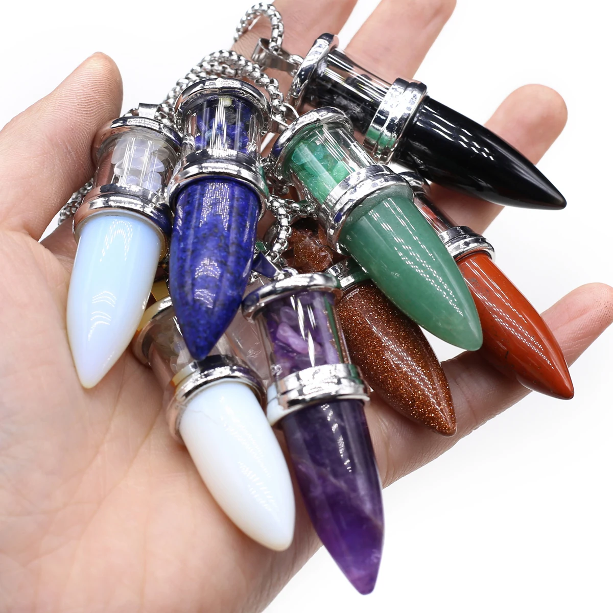 

Natural Stone Bullet Shaped Amethyst Lapis Lazuli Crushed Stone Reiki Pendant Necklace Neutral Style Charm Gift for Men Women