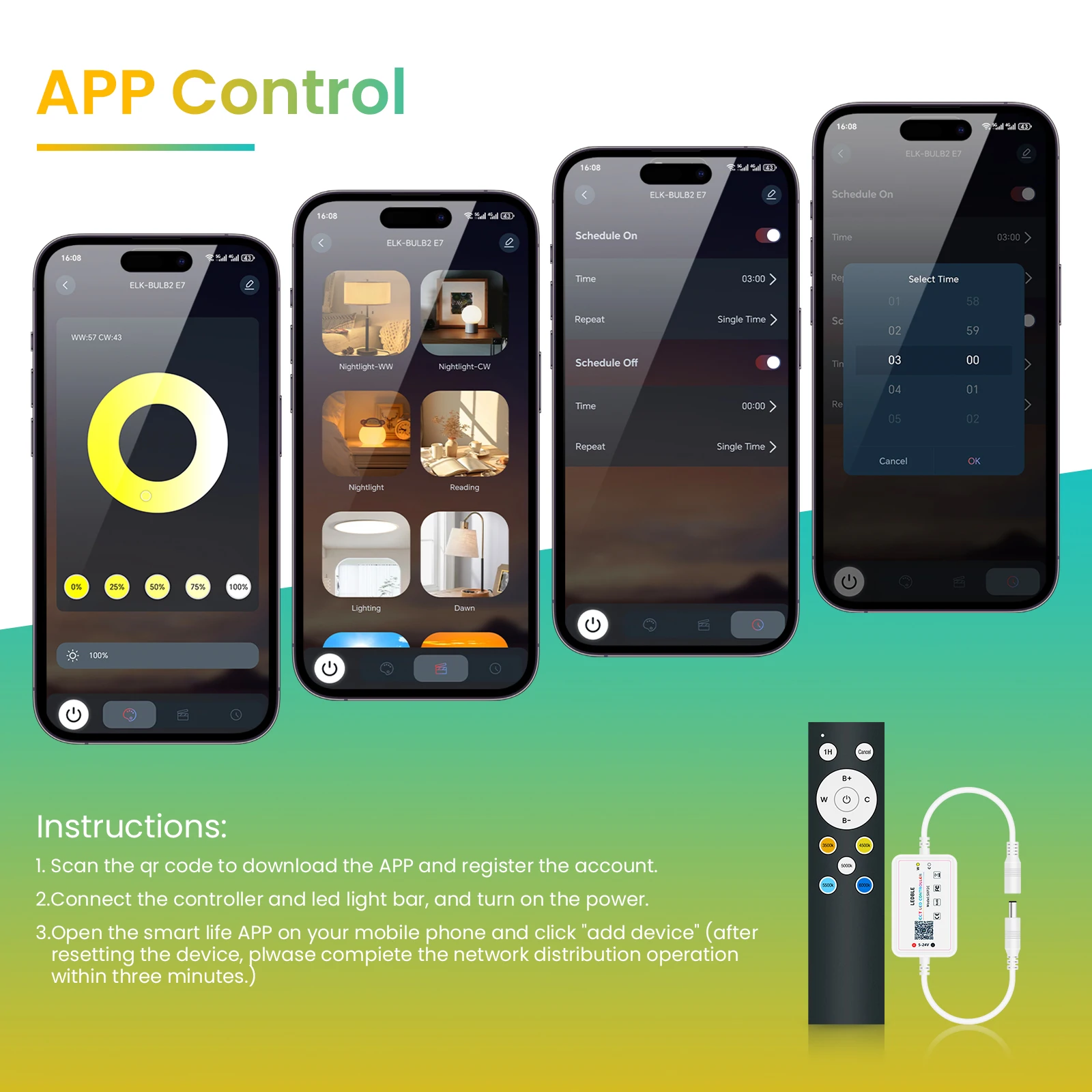 Фото DC 24V CCT COB LED Strip Kit With Power Adapter 17Key RF/Bluetooth APP Control Flexible Ribbon Light 2700K 3000K 4000K 6000K №5