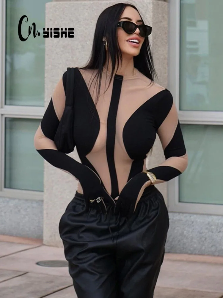 

CNYISHE сетчатый прозрачный облегающий боди в стиле High Street, комбинезоны, женские комбинезоны, сезон весна-лето 2023, сексуальные обтягивающие бод...