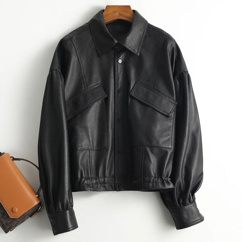 Кожаная куртка женская черная из натуральной кожи короткое пальто овечьей шкуры