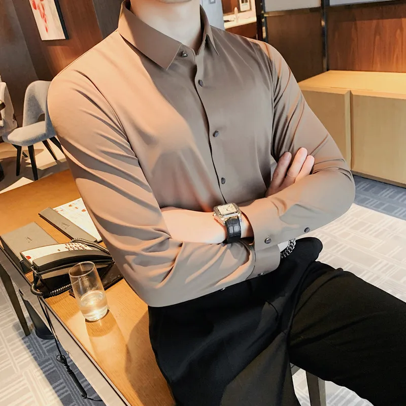 2022 High Elastic Seamless Ice Silk Men's Shirts Long Sleeve Solid Color Slim Casual Shirt Business Social Formal Dress Shirts