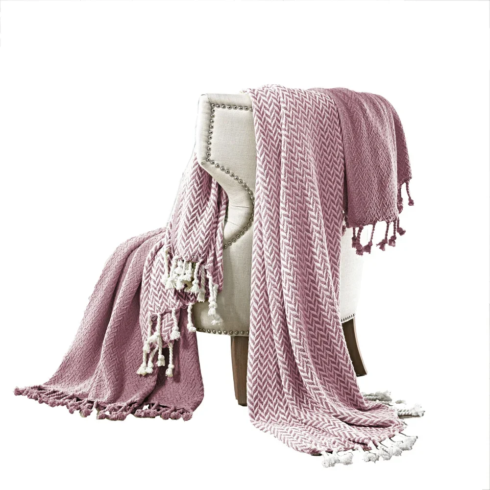

DunaWest Montgeron Herringbone Cotton Throw , Set of 2, Pink and White