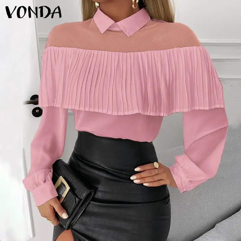 

VONDA Women Spring OL Office Shirt Bohemian Tops Blusas Femininas Oversize Lace Patchwork Chemise Tops Casual Long Sleeve Blouse