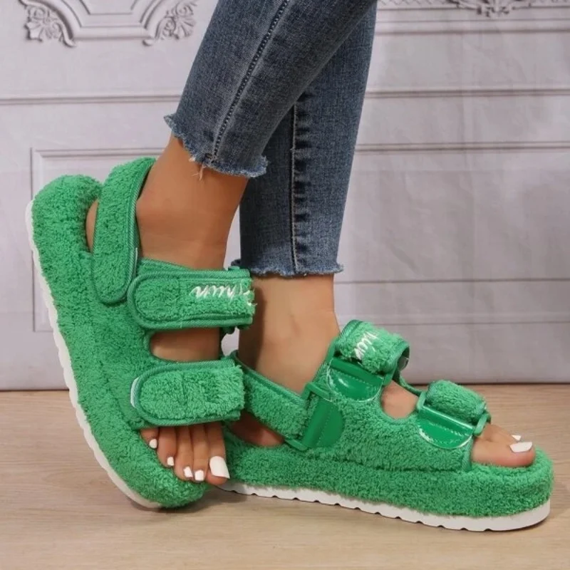 Women Letter Embroidered Hook loop Fastener Sandals Fuzzy Fur Platfrom Flats Leisure Fashion Fabric Slingback Cute Beach Shoes
