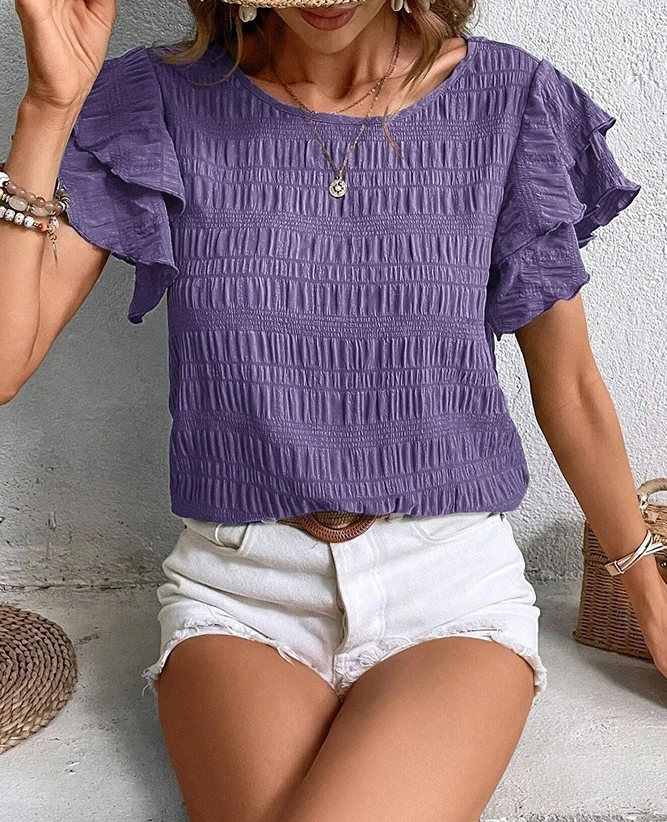 Женский Повседневный Топ с рукавом листья лотоса и круглым вырезом