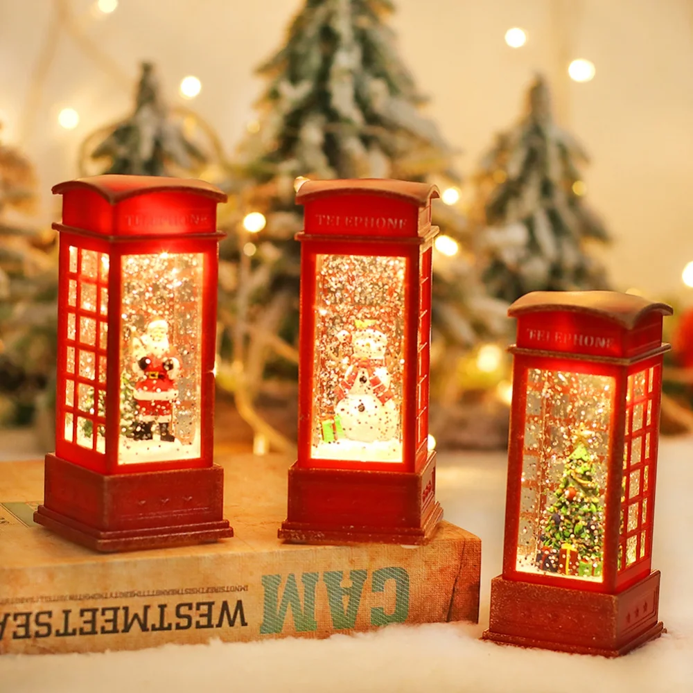 

Christmas Snow Globe Lantern Telephone Booth Swirling Water Glittering Battery Operated Festival Ornament for Christmas Tabletop