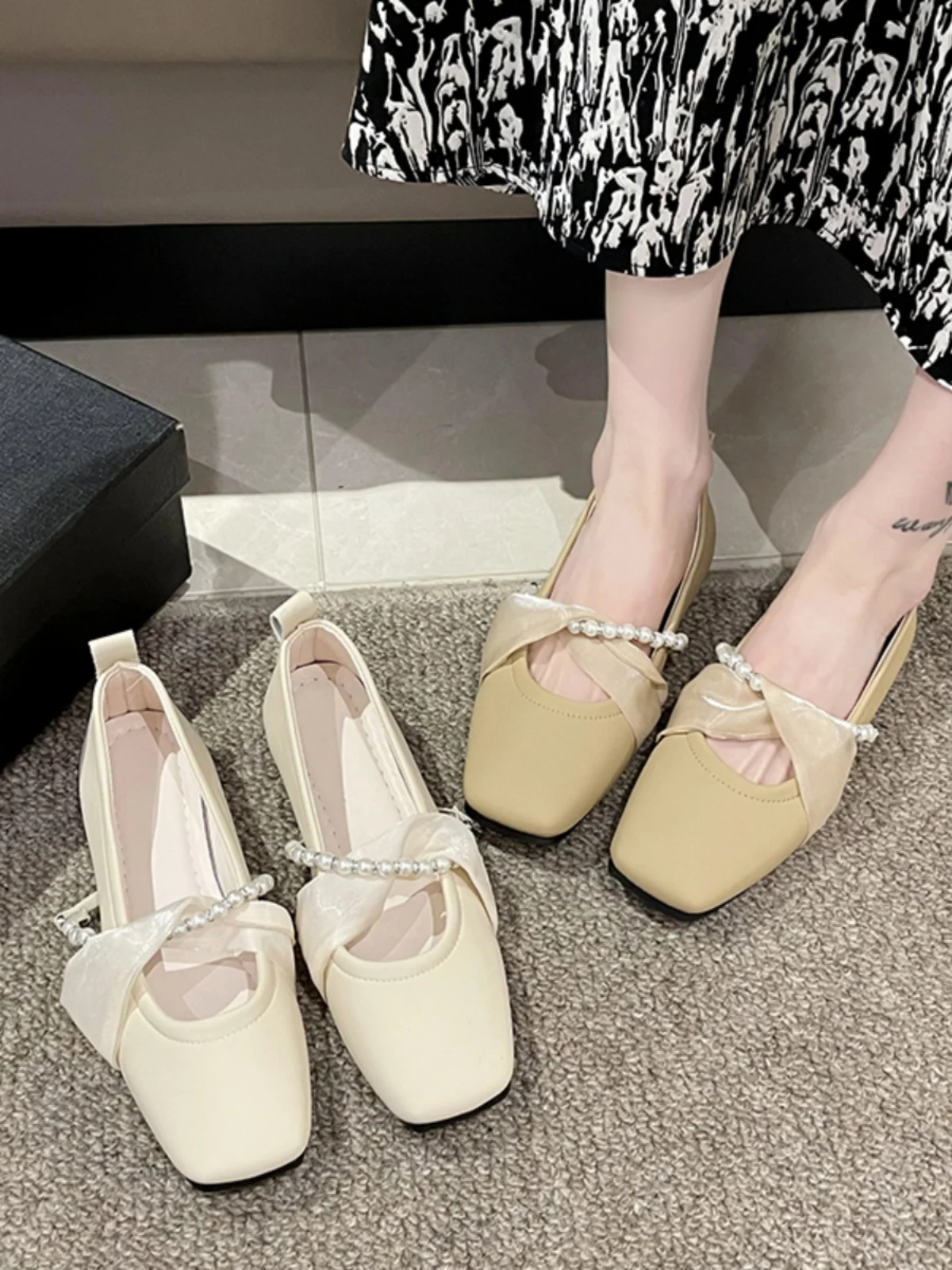 Women Shoes Autumn Pearl Decorateion Modis Female Footwear Casual Sneaker Elegant Square Toe Fall Comfortable Beading Summer 202