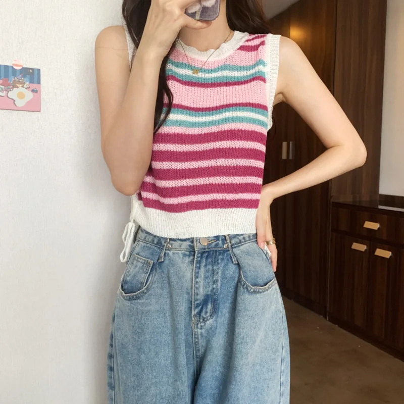 Летняя новинка женская трикотажная футболка без рукавов в радужную полоску