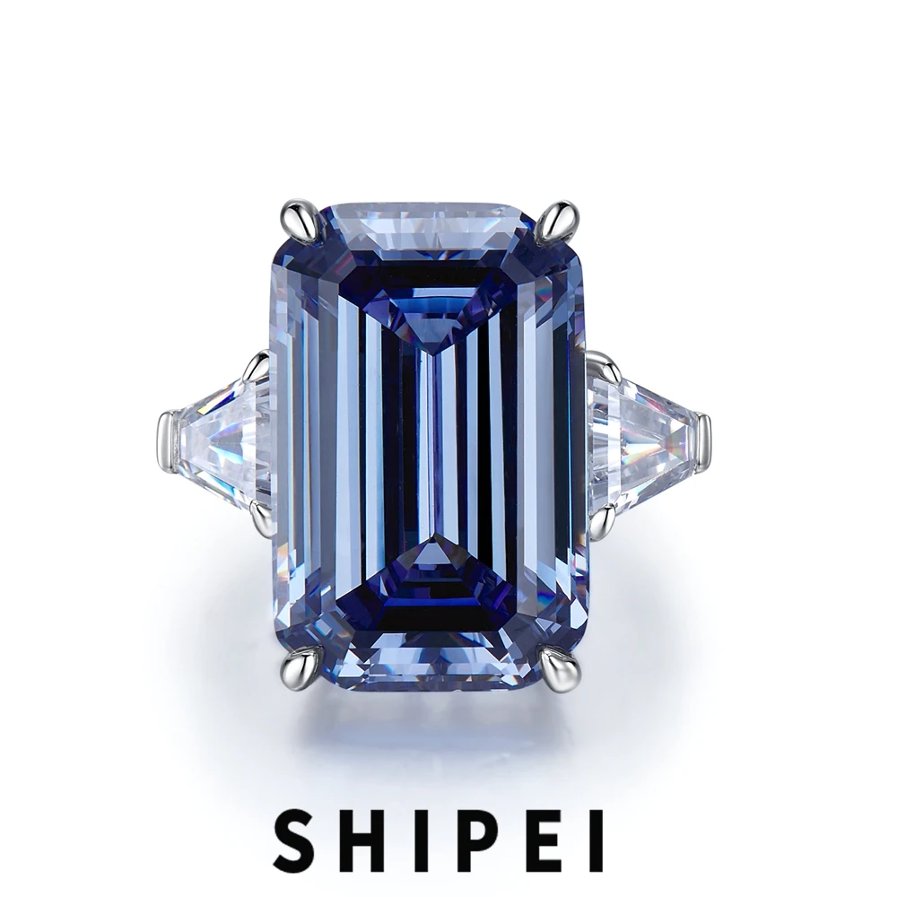 

SHIPEI Luxury 925 Sterling Silver Asscher Cut 13*20MM Sparkling Sapphire Gemstone Wedding Engagement Ring Fine Jewelry Wholesale