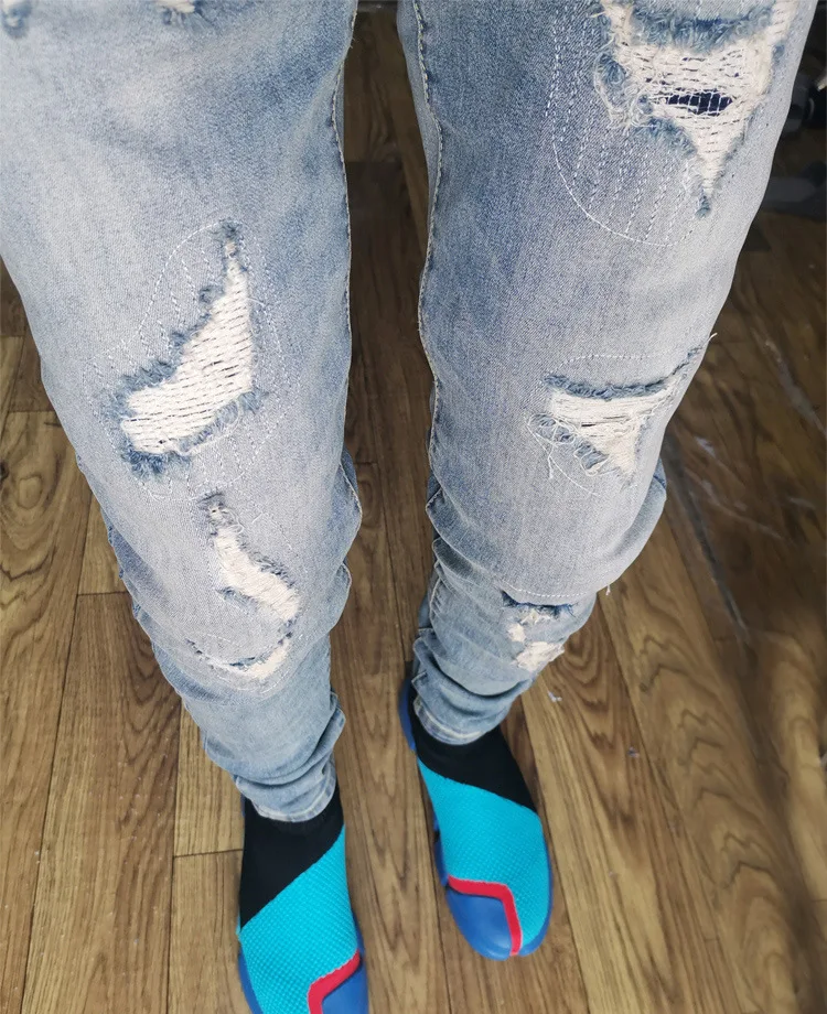Retro Street Wear High Elastic Patchwork Hole Jeans Men's Slim Fit Casual Leggings Trendy Slim Pencil Pants Jeans For Men