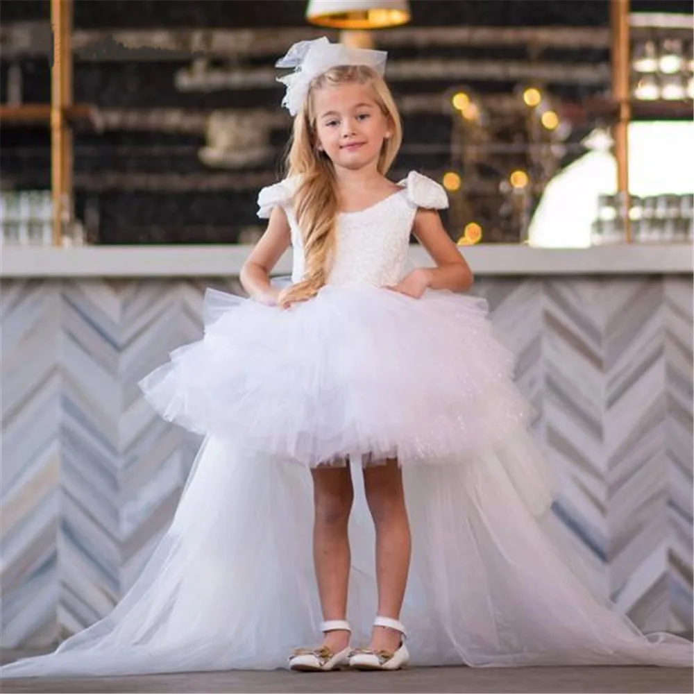 

White Puffy Flower Girl Dress Princess Dresses Tiered Tulle Bow First Communion Gown with Detachable Train