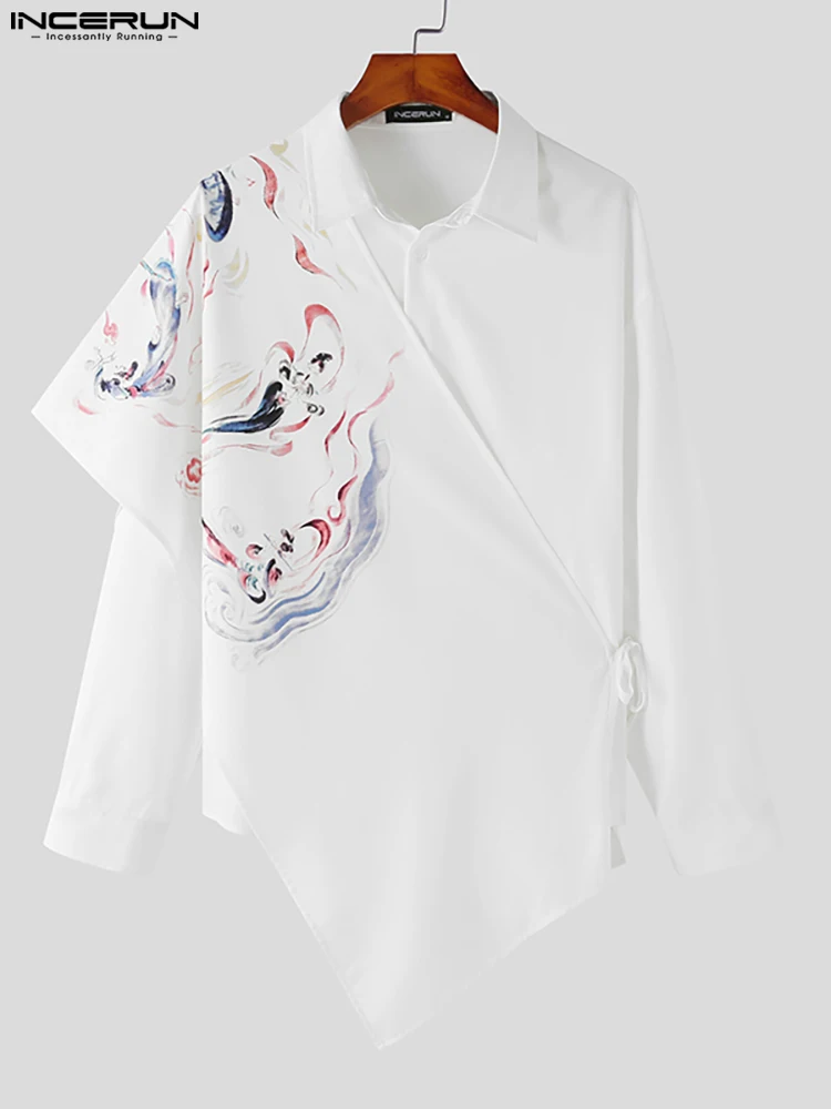 INCERUN Tops 2022 Chinese Style Men's Printing Shawl Blouse Casual Streetwear Male Fake Two Piece Loose Long Sleeve Shirts S-5XL