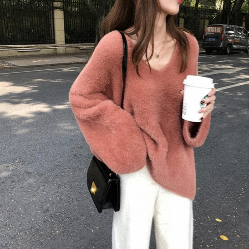 

Женские мохеровые свитера, сезон зима 2022, однотонный кашемировый пуловер, модные джемперы с V-образным вырезом и длинным рукавом, Корейская ...