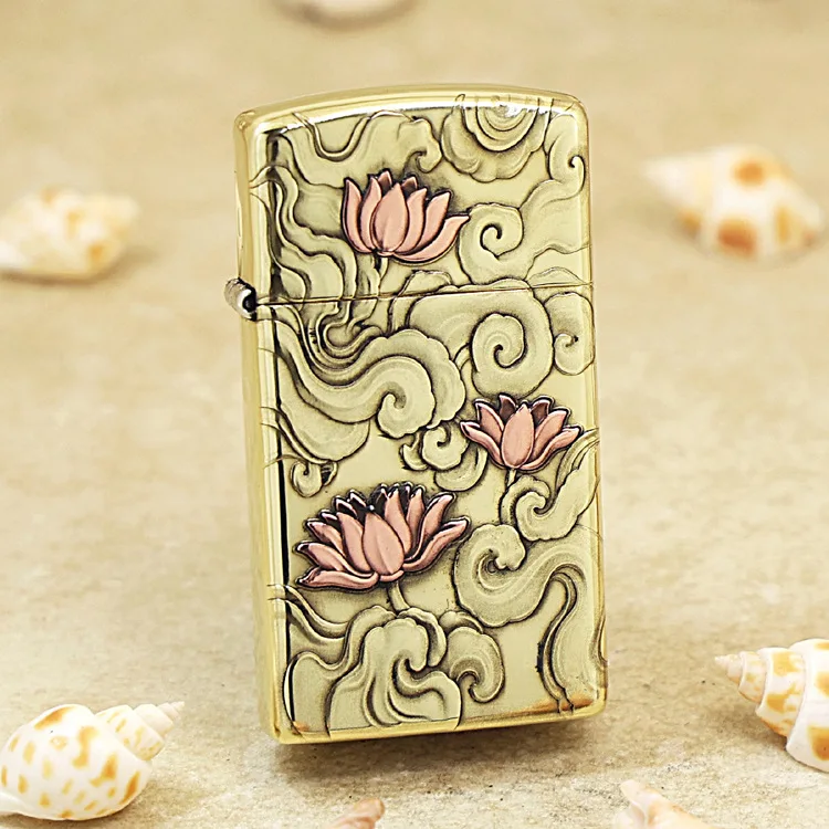 

Оригинальная зажигалка Zippo с узким цветком лотоса, медная ветрозащитная сигаретная керосиновая зажигалка, подарок с защитой от подделки