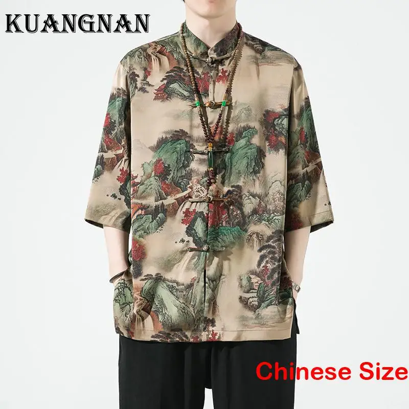 

KUANGNAN Ice Silk Buttoned Shirts for Men Shirt Male Clothes Luxury Men's Clothing Cool Blouse Korean Style Sale 5XL 2023 Summer