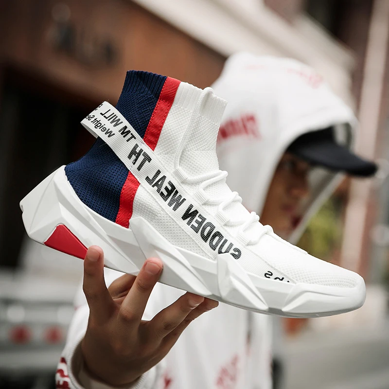 

New Men's High-top Sports Shoes Outdoor Running Flying Woven White Casual Shoes Jogging Comfortable Breathable Fashion Light