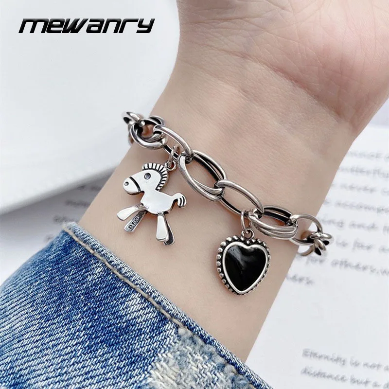 

Stamp925 Silver Thick Chain Bracelets Horse Pendant Accessories Fashion Vintage Black LOVE Heart Girl Party Jewelry