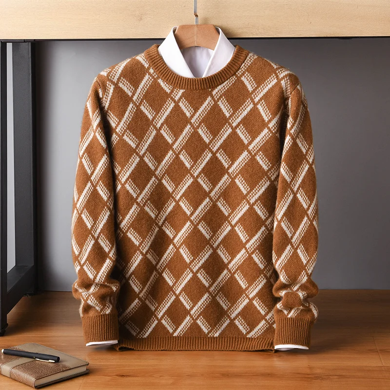 2023 Autumn and Winter New Men's Round neck Pullover Sweater 100% Pure Wool Knitted Cashmere Sweater Casual Color Matching Top