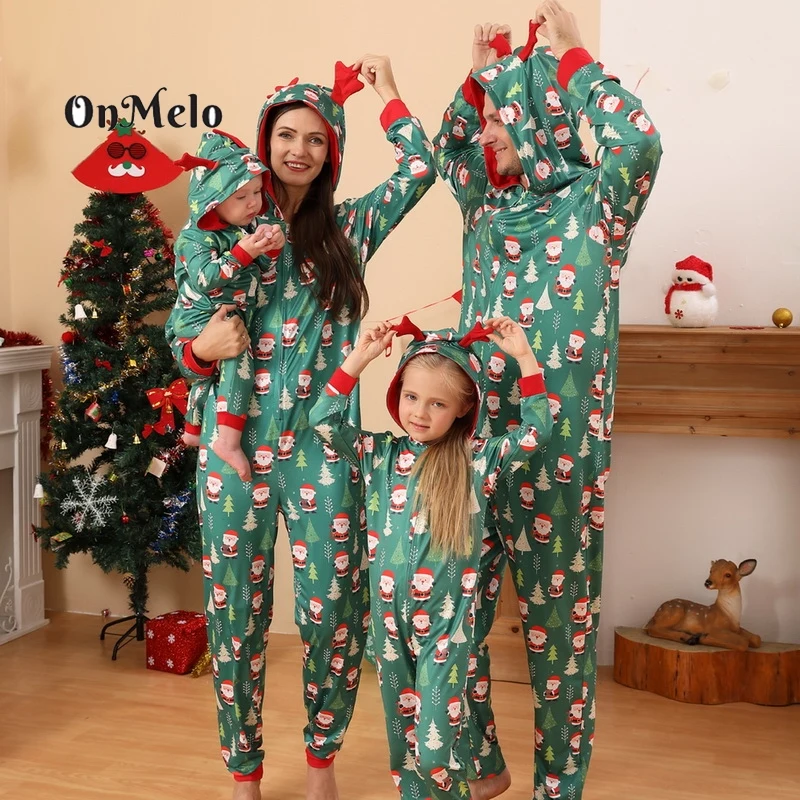 

OnMelo Family Pajamas Sets Christmas Cartoon Print Family Matching Outfits Zipper Bodysuit Hooded Sleepwear Funny Clothing