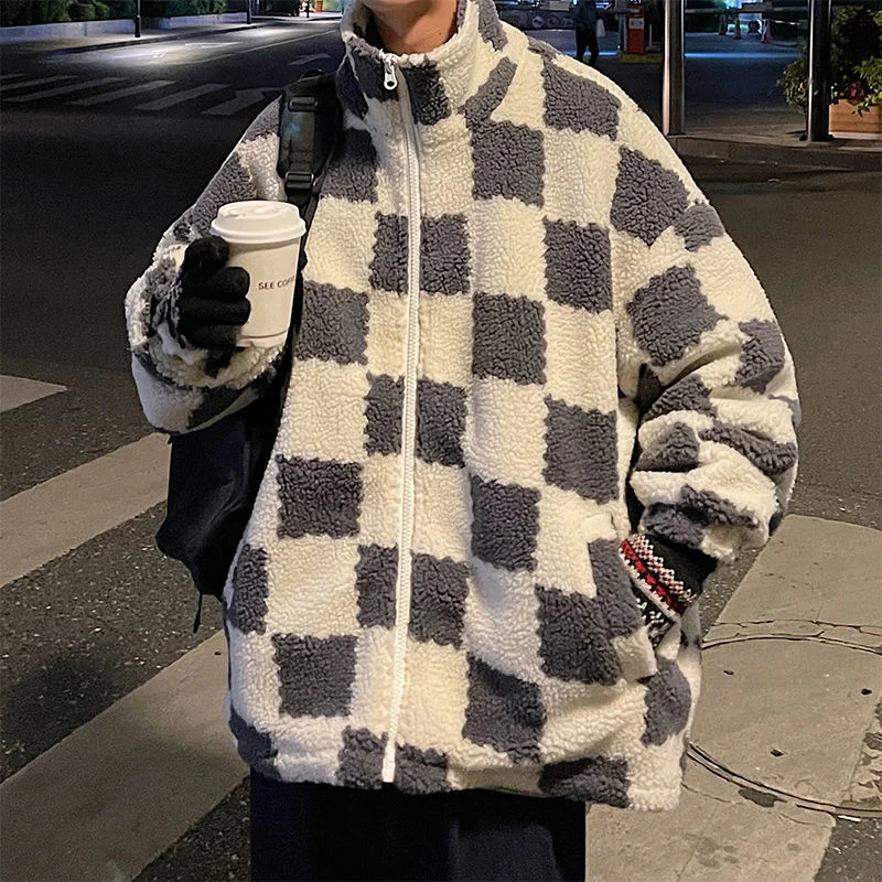 Winter Thick Jacket Men Warm Fashion Grey/Green Casual Plaid Coat Men Streetwear Loose Short Coat Mens Lambswool Jacket S-2XL