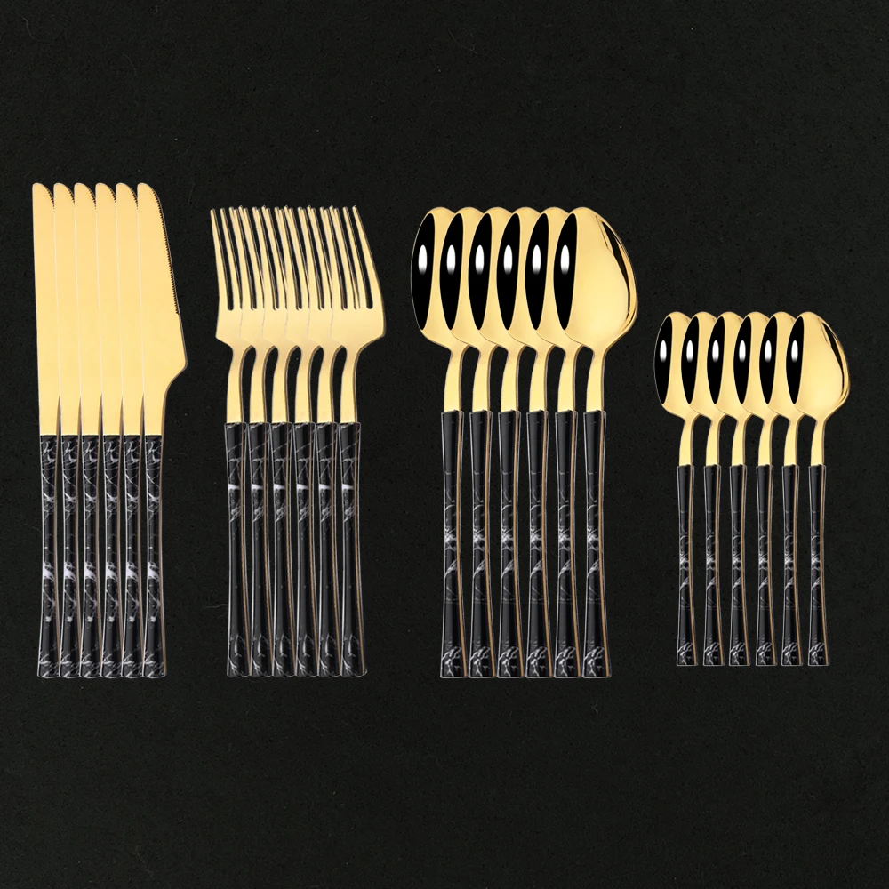 

24Pcs Western Dinnerware Set Wood Handle Stainless Steel Cutlery Set Gold Dining Table Knife Fork Spoon Set Flatware For Home