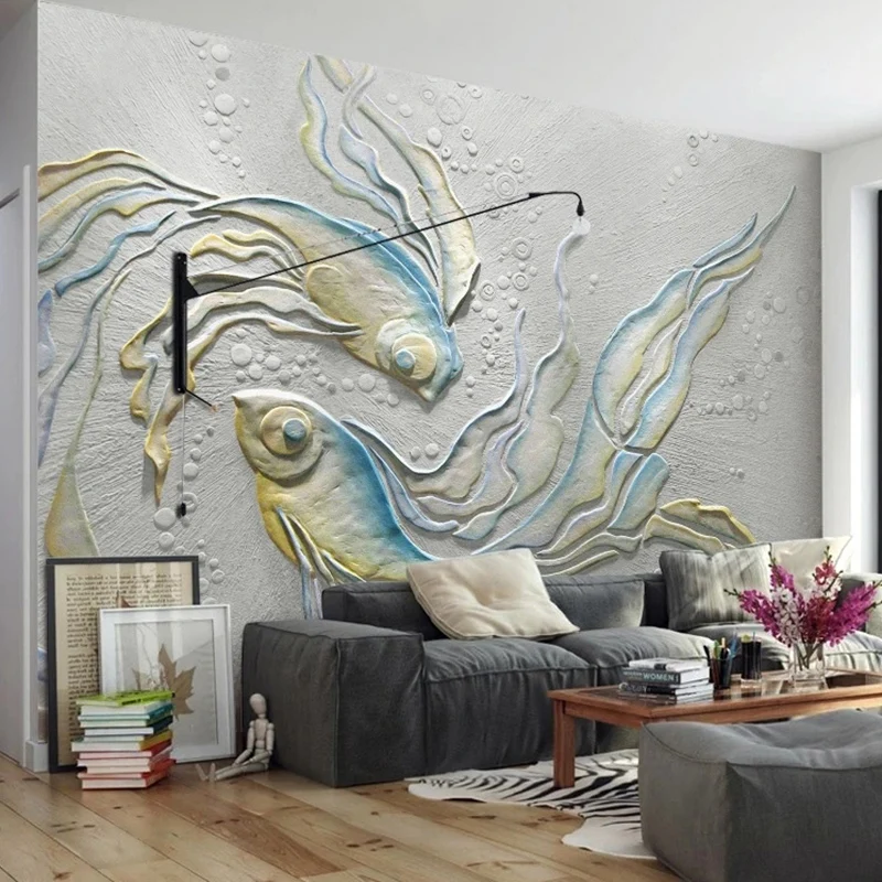 Custom Mural Wallpaper European Retro Creative 3D Embossed Goldfish Fresco Living Room Bedroom Background Wall Paper Home Decor |