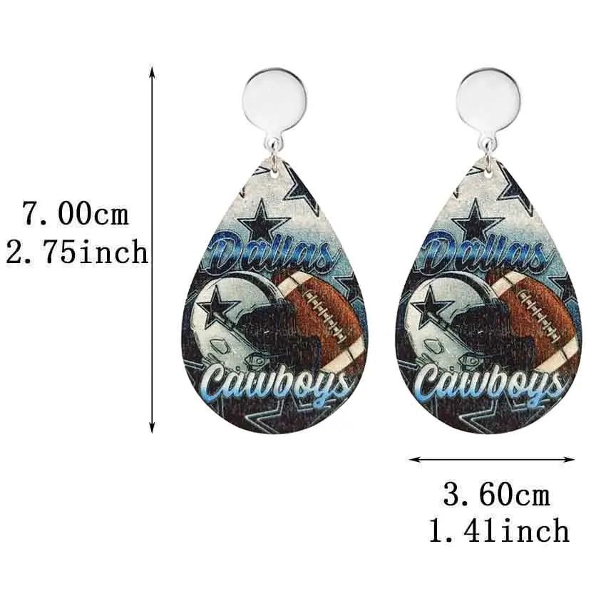 Далласские футбольные серьги для женщин из нержавеющей стали и дерева в форме слезы. Оптовая продажа спортивных украшений "Ковбои".