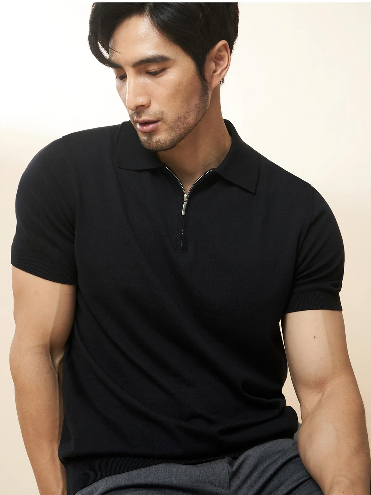Light Luxury Zip-up Polo Shirt Lapel Short sleeve T-shirt Men's Summer Lightweight Retro Ice Silk Knitting Half Sleeve T-shir...